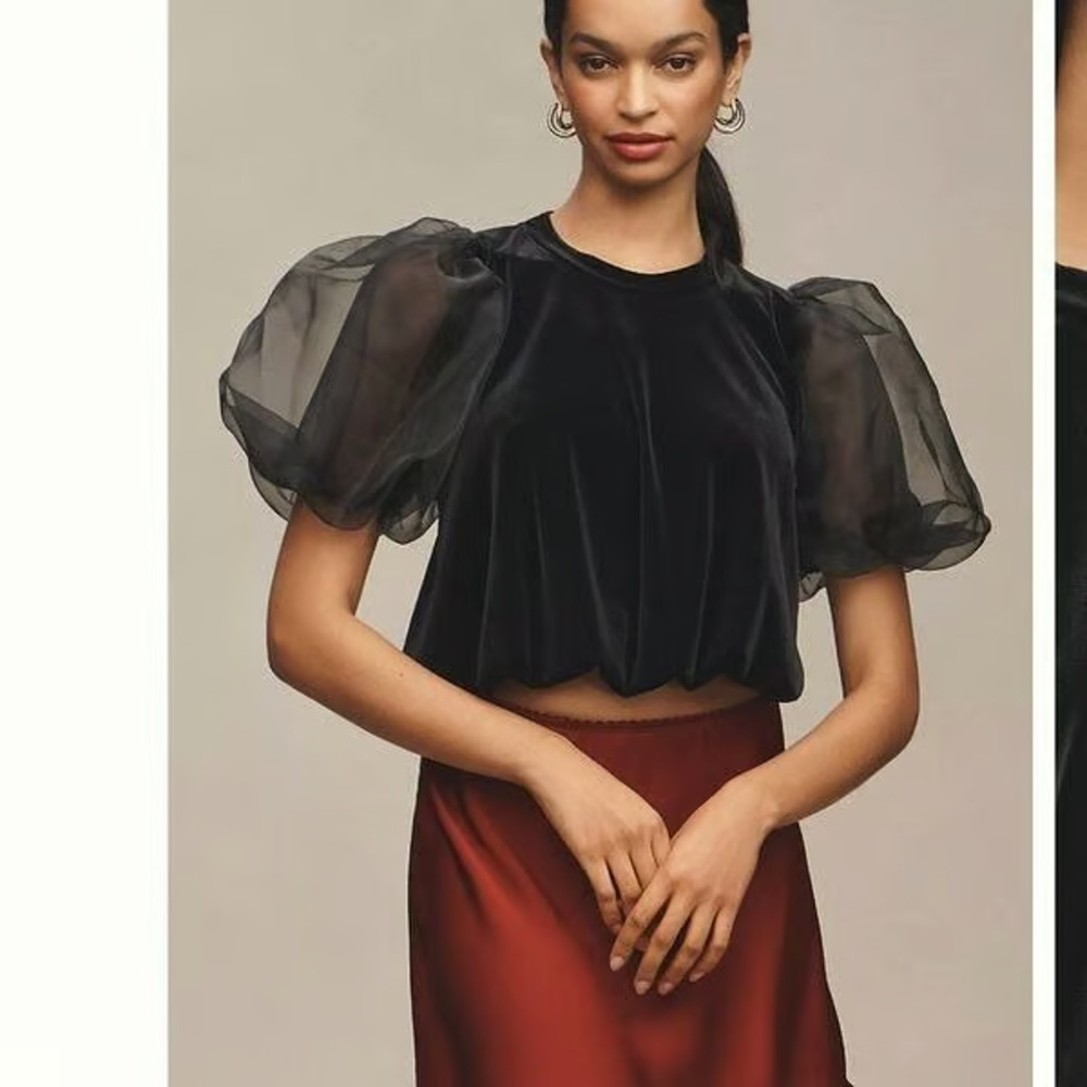 Anthropologie Maeve Black Velvet Puff Sleeve Blouse XS